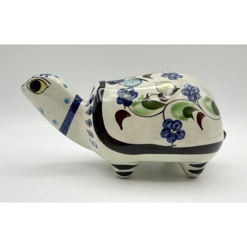 Tonala Mexican Art Pottery Hand Painted Turtle Figurine 7” Long Vintage Signed